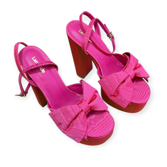 Larroude (Larroudé) Elle Platform Sandal Pink Magenta Fabric Heels Pumps Size 8 - Picture 3 of 10